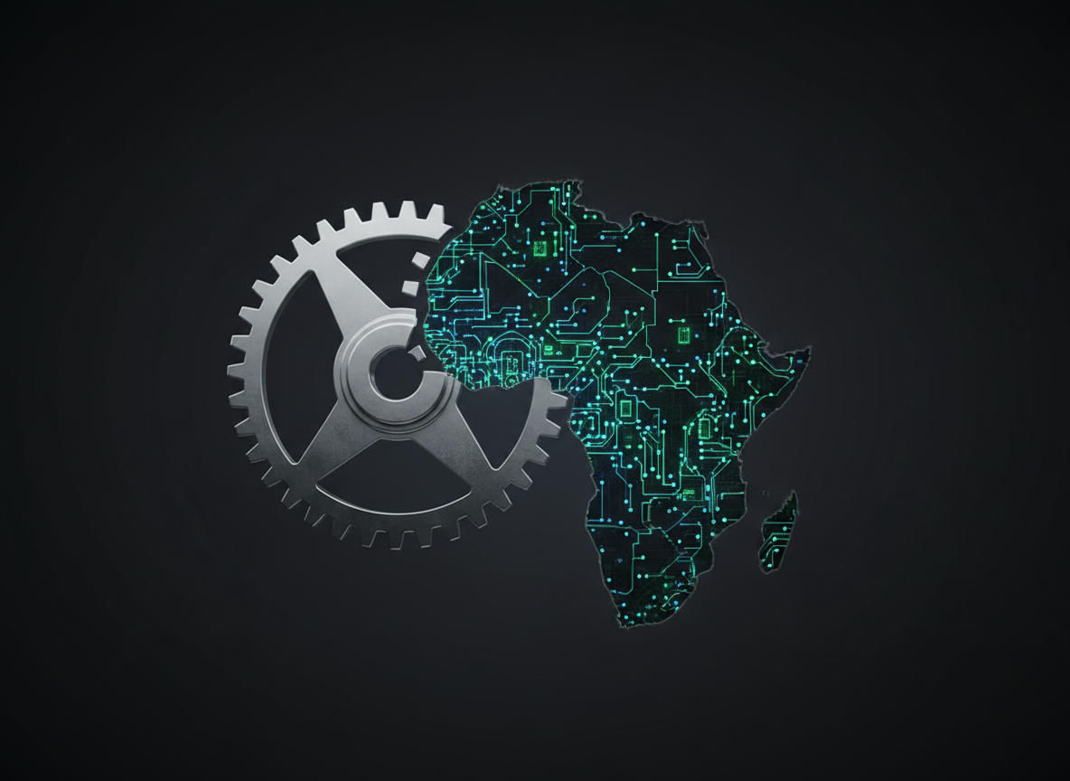 A close-up, photographic image of a polished chrome gear assembly morphing seamlessly into a luminous circuit board, set against a dark matte background subtly etched with an outline of the African continent. The metal gears are intricately detailed, their teeth interlocking flawlessly, while the circuitry glows with vibrant electric blues and deep emerald greens, forming branching pathways that suggest intelligent automation. Dramatic side lighting from the left casts sharp, precise highlights on the metallic surfaces and creates moody shadows that accentuate depth. Shot with a shallow depth of field and centered composition, the mood is bold, futuristic, and precise, symbolizing the fusion of traditional business mechanics with AI-powered systems for exponential growth, all within a clean, professional aesthetic and with no human subjects.
