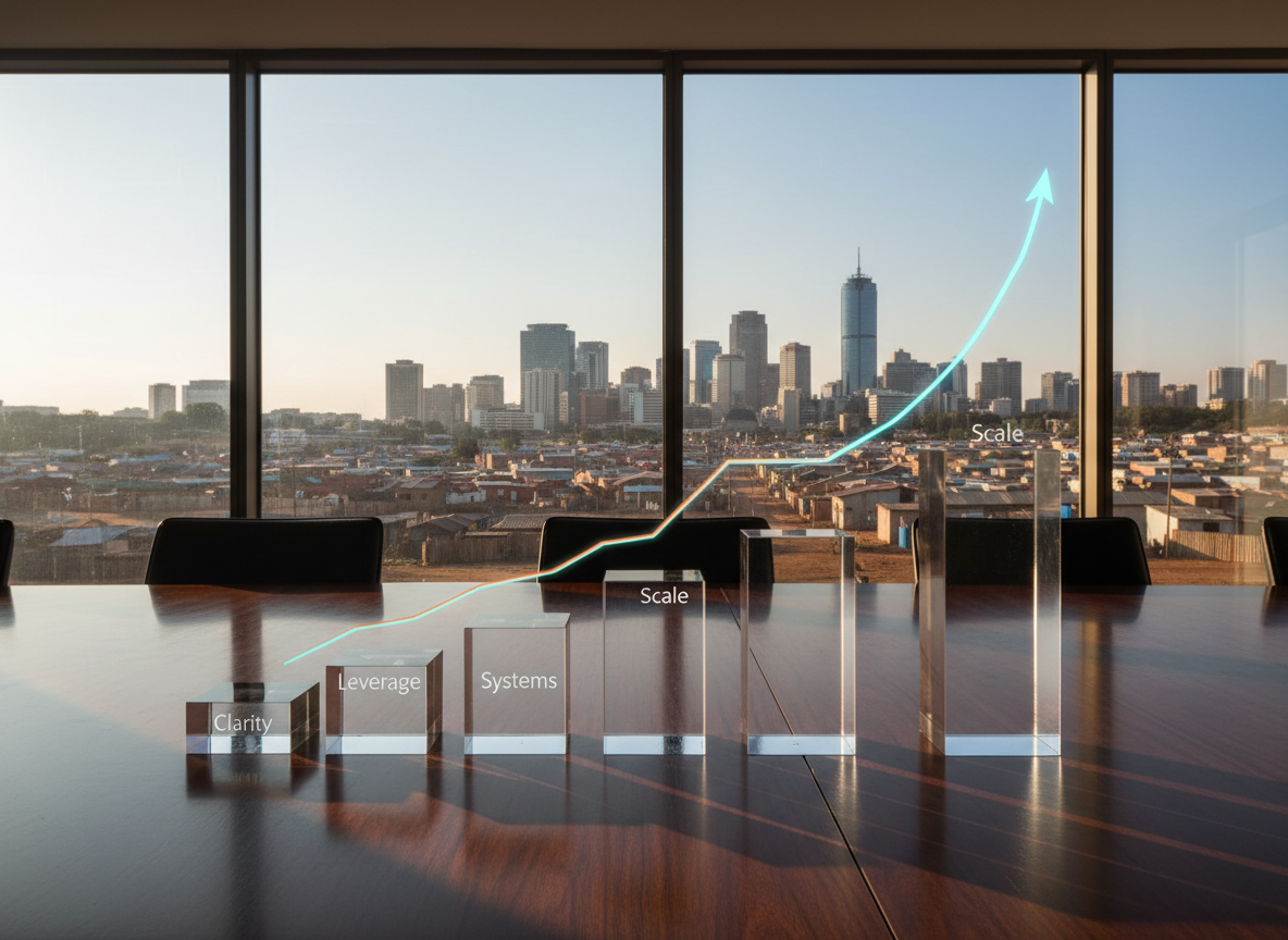 A long, dark wooden conference table stretching toward a large panoramic window that frames a distant South African landscape transitioning from township rooftops to a modern financial district skyline. On the table, a series of transparent acrylic blocks are arranged in ascending height, each engraved with key phrases like “Clarity”, “Leverage”, “Systems”, and “Scale”, forming a physical 10X staircase. A slim, holographic-style display at the far end projects a bright exponential curve floating above the final block. Late afternoon sunlight streams through the window, casting elongated, dramatic shadows of the blocks across the table’s grain. Photographic realism, captured from a low-angle perspective along the tabletop, creates a sense of journey and upward momentum. The mood is aspirational, disciplined, and distinctly African, without any people present.
