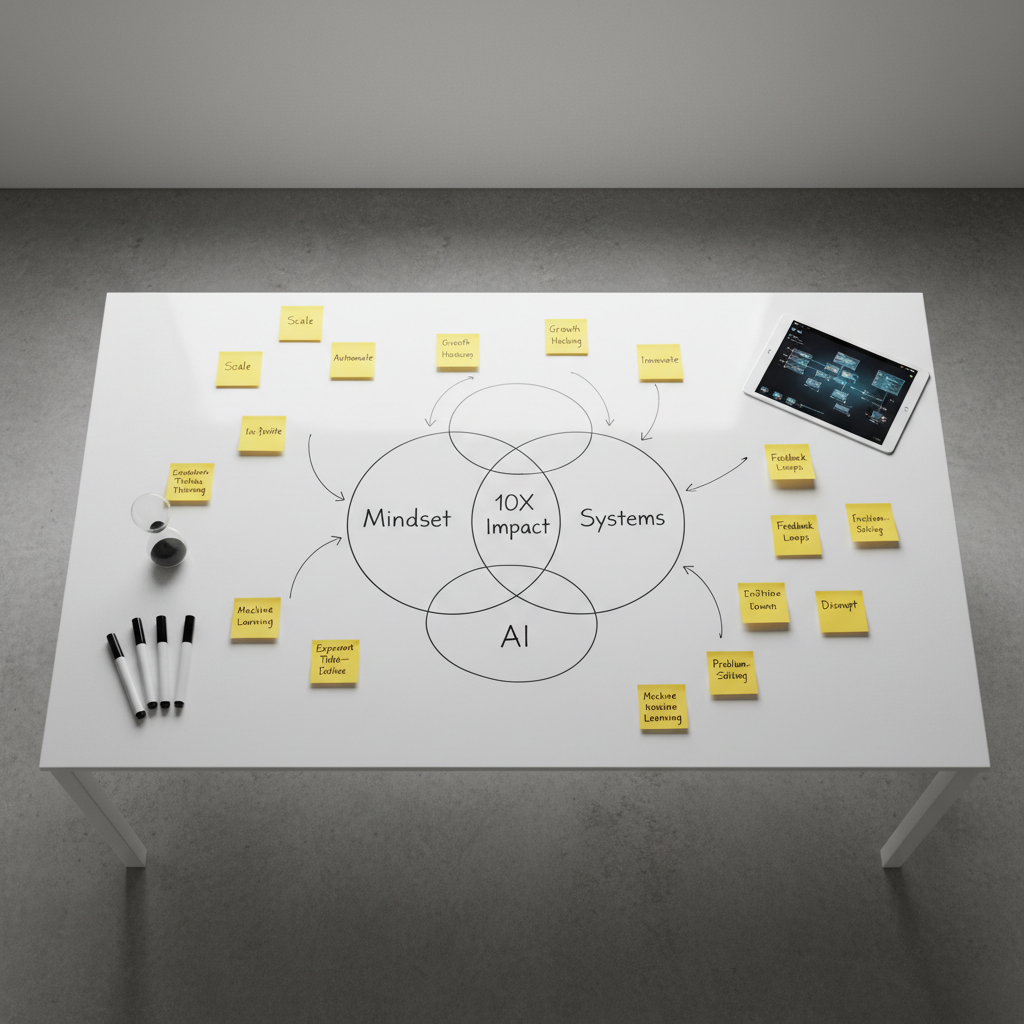An overhead view of a large whiteboard table in a minimalist studio, covered in neatly drawn frameworks: Venn diagrams labeled “Mindset”, “Systems”, and “AI”, arrows leading to “10X Impact”, and sticky notes with concise, legible keywords. A sleek tablet at the edge runs an AI interface visually connecting ideas into a dynamic flowchart. The surface of the table is pristine, with thin black markers and a single sand-timer filled with black sand adding visual rhythm. Soft, diffused studio lighting evenly illuminates the scene, eliminating harsh shadows and creating a calm, strategic atmosphere. Photographic realism with a top-down composition and crisp detail emphasizes clarity, structure, and deliberate planning, precisely aligned with teaching South African founders to think exponentially through frameworks and systems, without featuring any people.