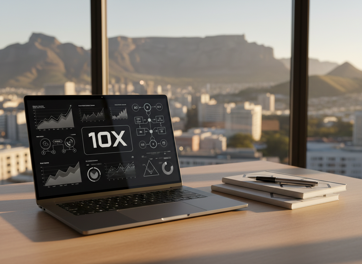 A sleek, matte-black laptop open on a smooth light-wood desk, its screen glowing with a clean dashboard of growth charts, AI workflow diagrams, and bold “10X” metrics. Beside it, a neatly stacked set of minimalist notebooks with embossed geometric patterns and a brushed metal pen rest on the surface. In the background, large windows reveal a soft-focus South African urban skyline with distant table-like mountains. Golden hour sunlight streams in, creating warm highlights along the laptop edges and gentle shadows across the desk. Photographic realism, shot at eye level with a shallow depth of field, conveys a professional, focused atmosphere that feels modern, ambitious, and purpose-driven, emphasizing exponential thinking and structured execution without showing any people.
