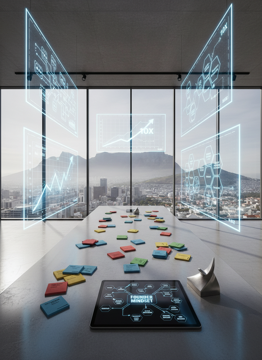 A glass-walled modern workspace overlooking a recognizable South African cityscape, with multiple large transparent screens suspended in midair, each displaying crisp AI-generated strategy maps, exponential growth curves, and framework diagrams. On a central polished concrete table lie color-coded index cards, a digital tablet showing a mindmap titled “Founder Mindset”, and a small metallic sculpture of a rising exponential curve. Soft daylight filters through the glass, creating reflective highlights and subtle shadows on the table. Photographic realism, captured from a slightly elevated wide-angle perspective with sharp focus, presents a clean, organized environment. The mood is visionary and analytical, suggesting a place where founders design 10X businesses using structured thinking and advanced tools, all without any human presence.
