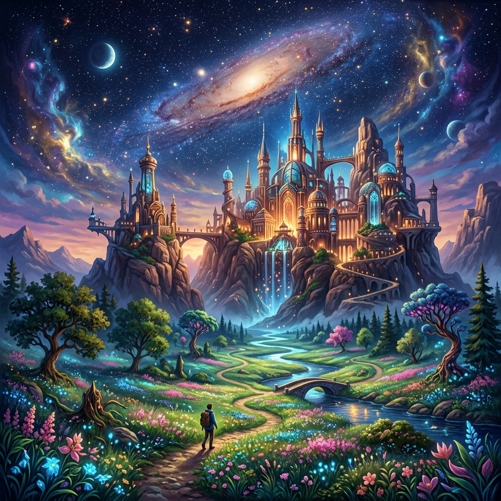 A traveler walking along a flower-filled path toward a glowing castle beneath a starry sky with galaxies and planets