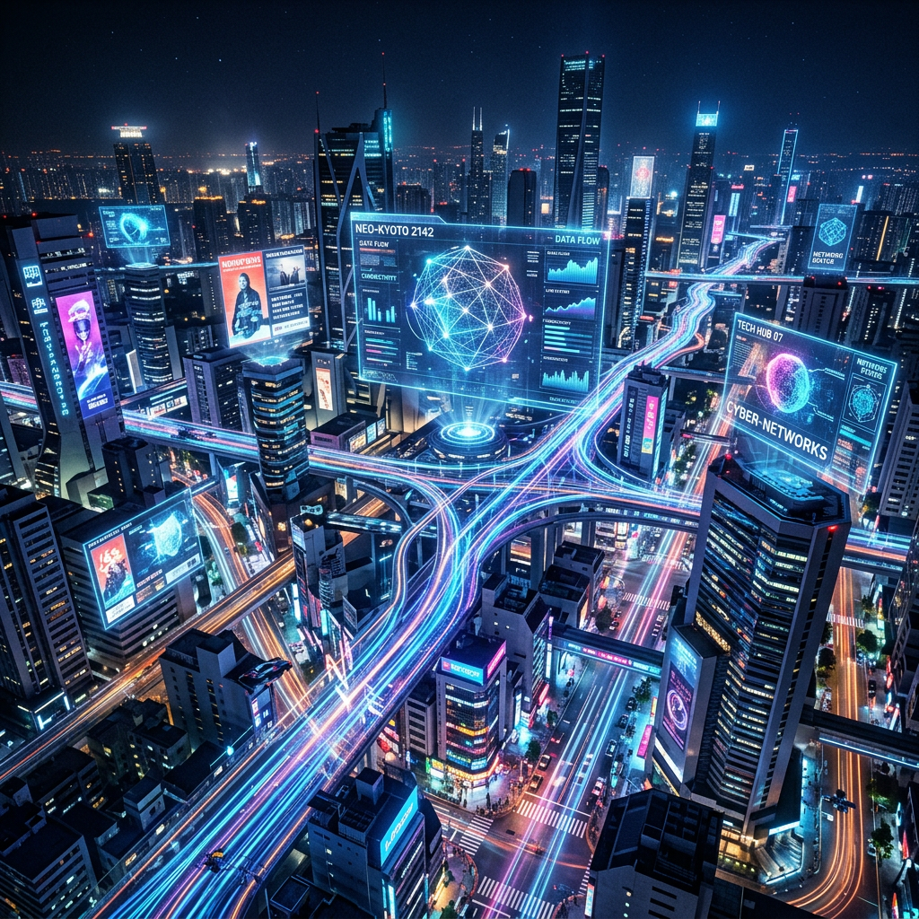 Night view of a futuristic city with neon-lit roads and holographic data screens showing cyber networks and data flow.