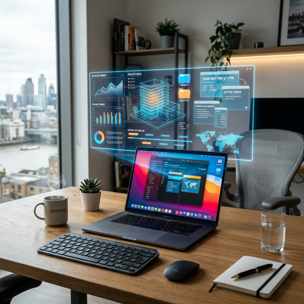 Laptop with holographic project data display on wooden desk with keyboard, mouse, coffee cup, plant, notebook, and glass of water