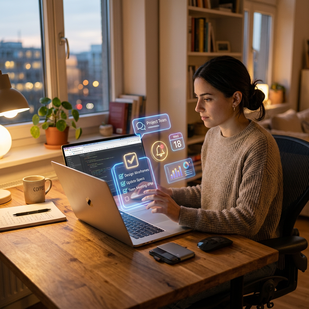 Woman working on laptop at wooden desk with digital task notifications