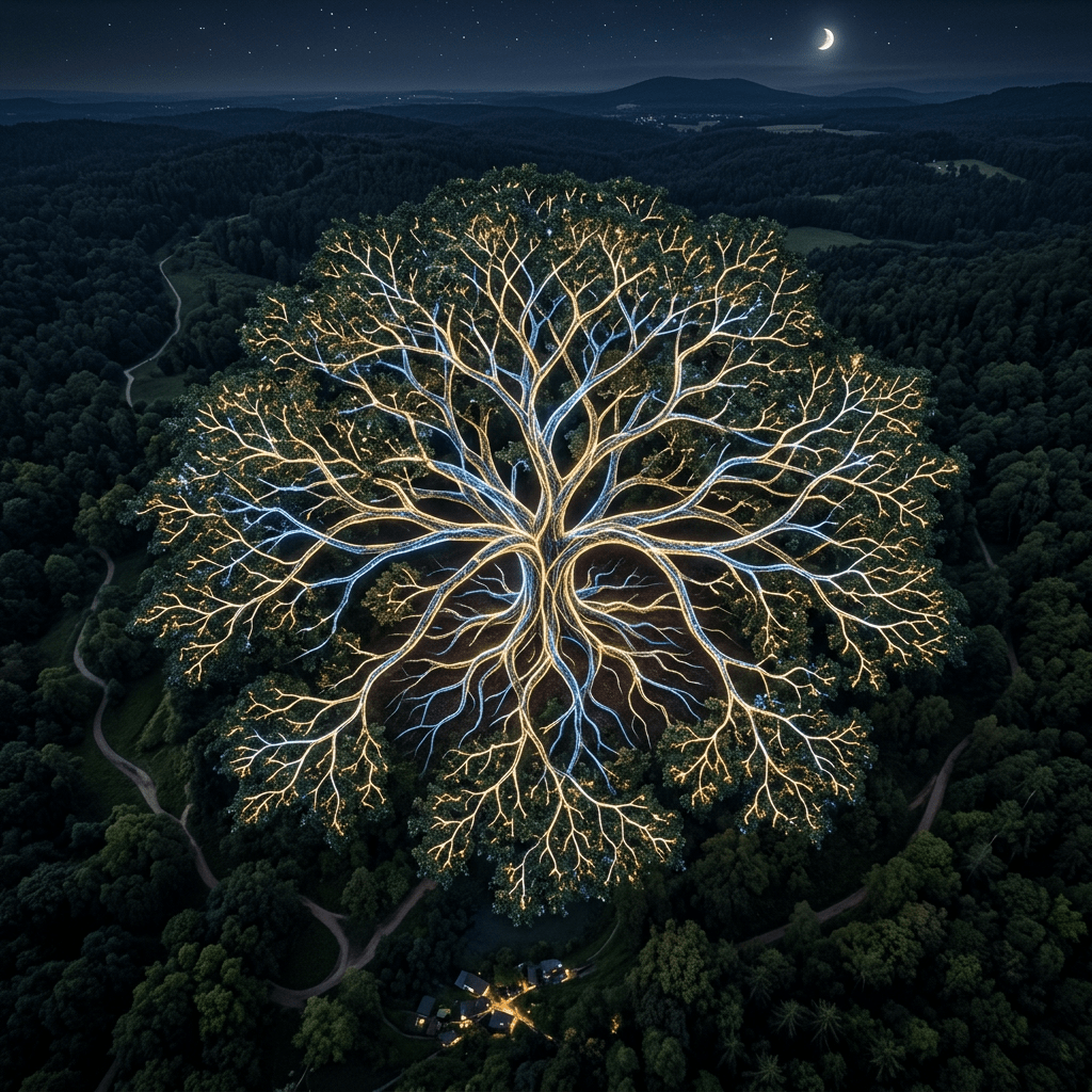 Aerial view of a large tree with branches glowing in blue and gold lights at night in a forested area under a crescent moon